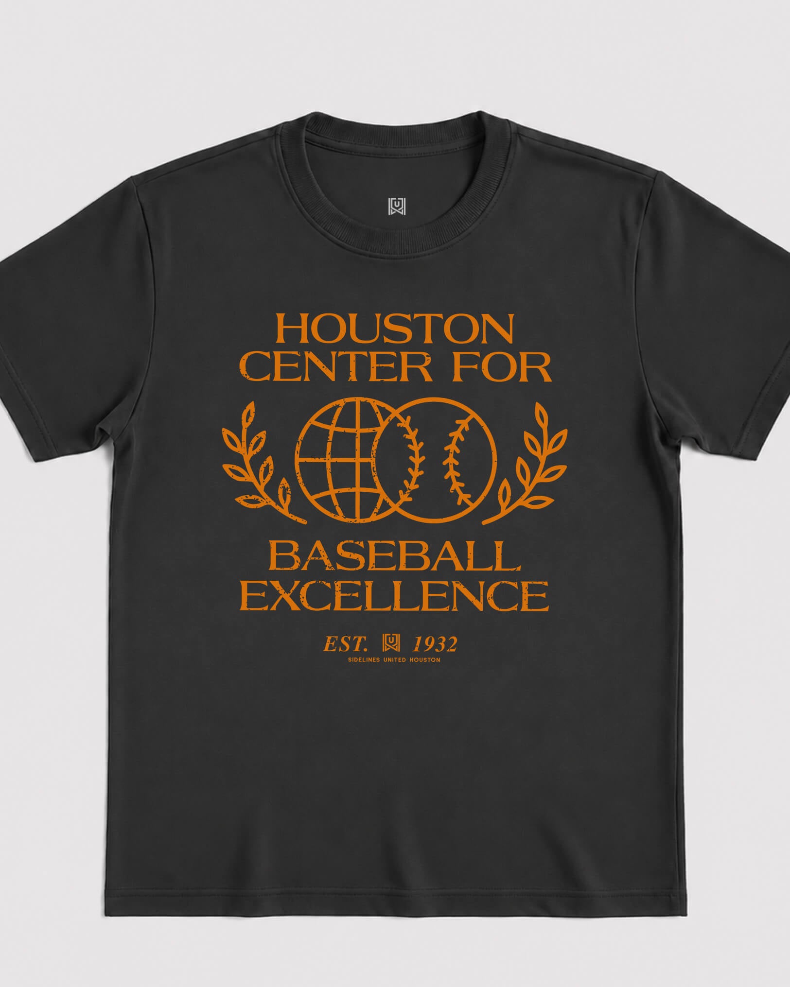 HOU Baseball Excellence Tee - Washed Black / Orange - Flatlay