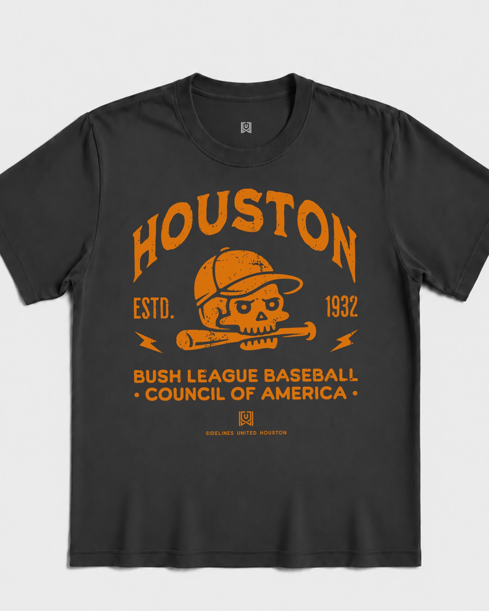 HOU Bush League BSBL Tee - Washed Black / Orange - Flatlay