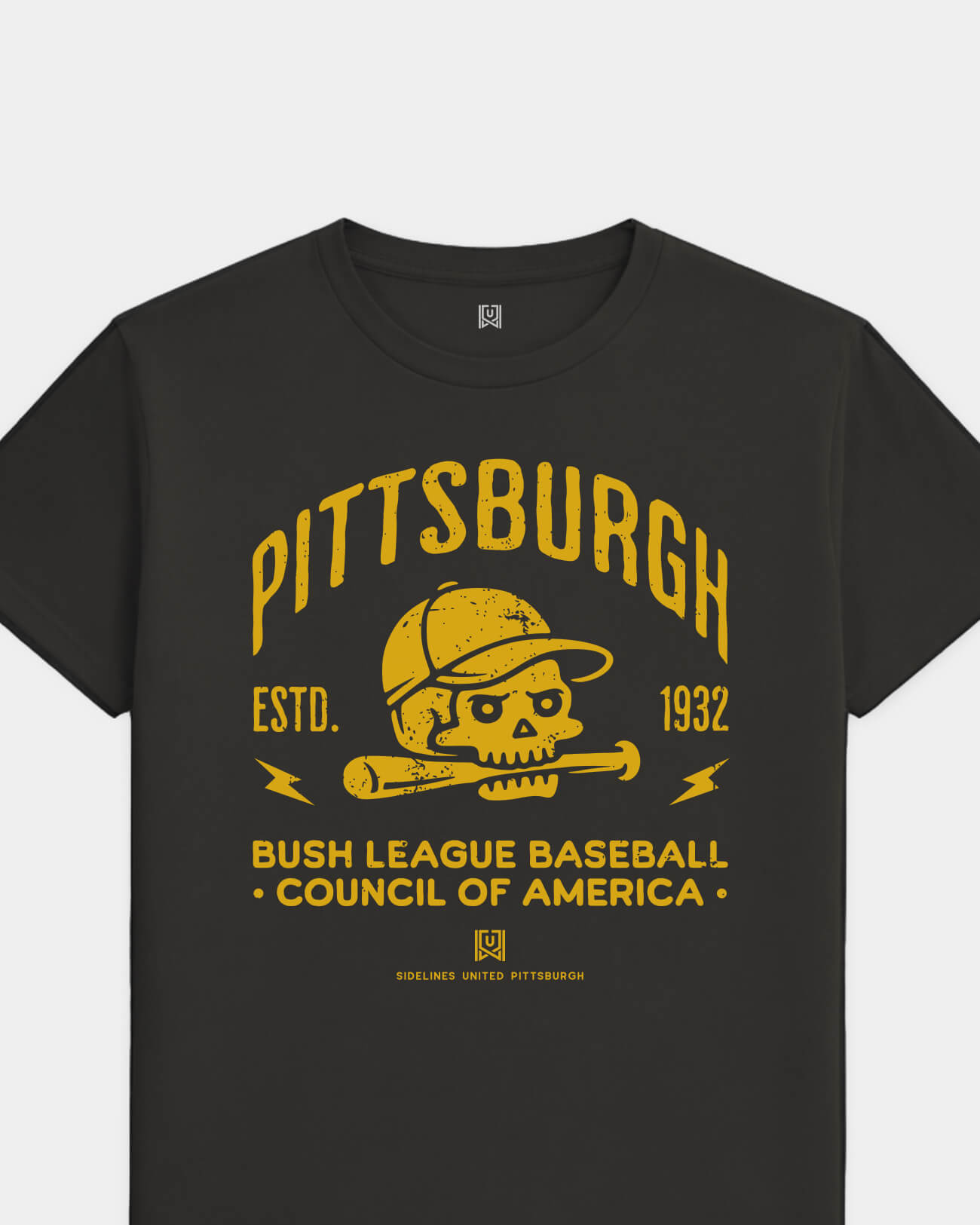 PGH Bush League BSBL Tee - Washed Black / Gold - Flatlay
