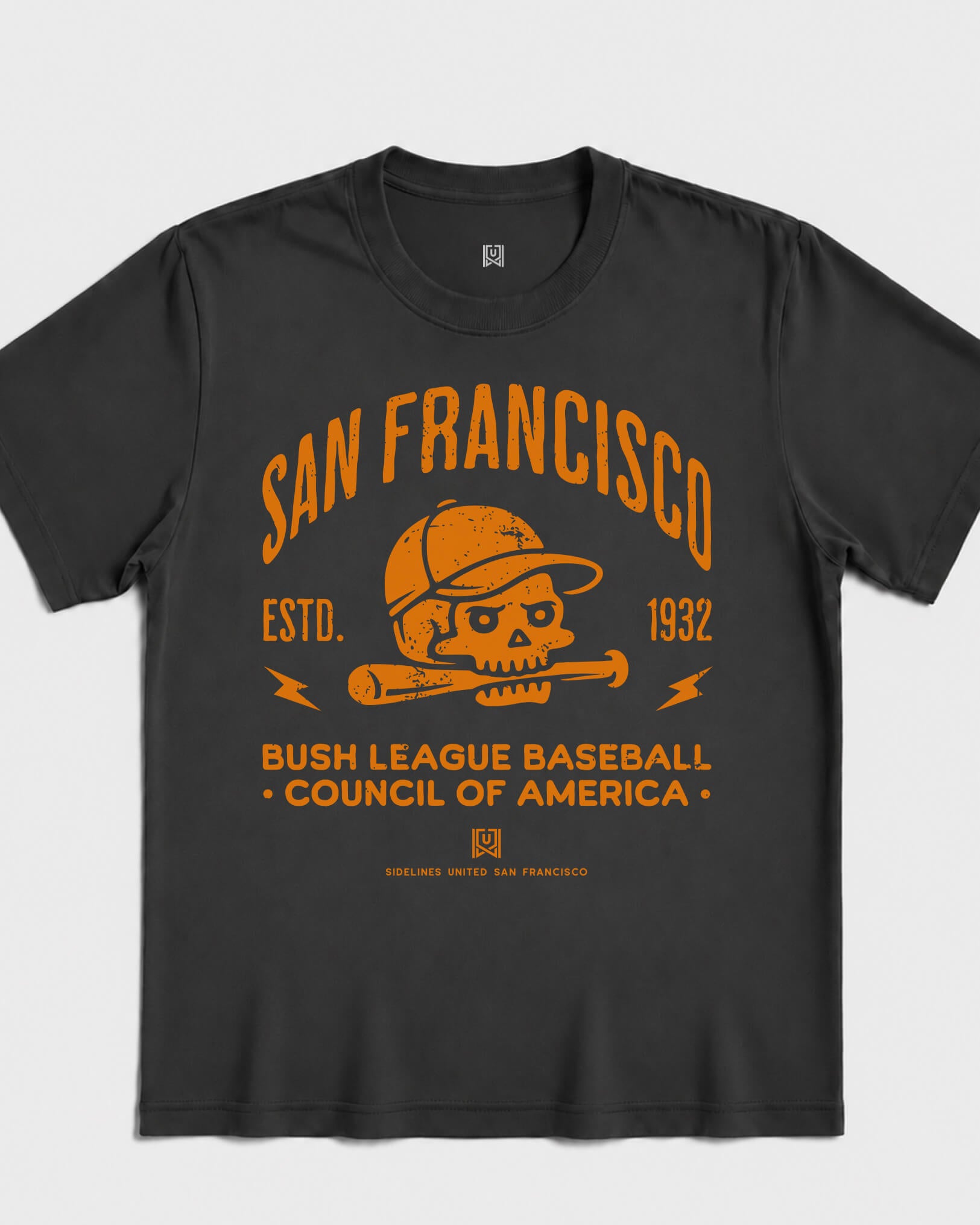 SF Bush League BSBL Tee - Washed Black / Orange - Flatlay