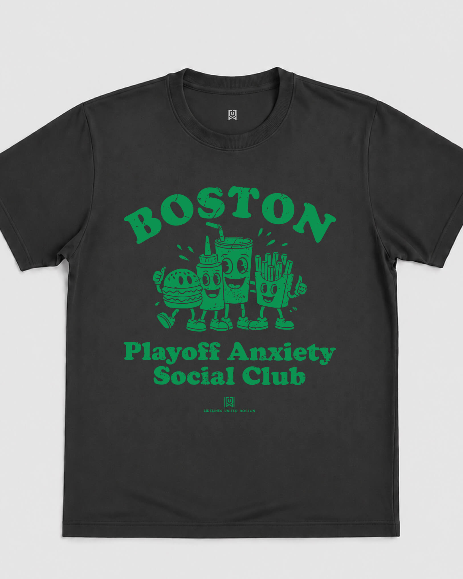 BOS Playoff Anxiety Friends Tee - Washed Black / Green - Flatlay