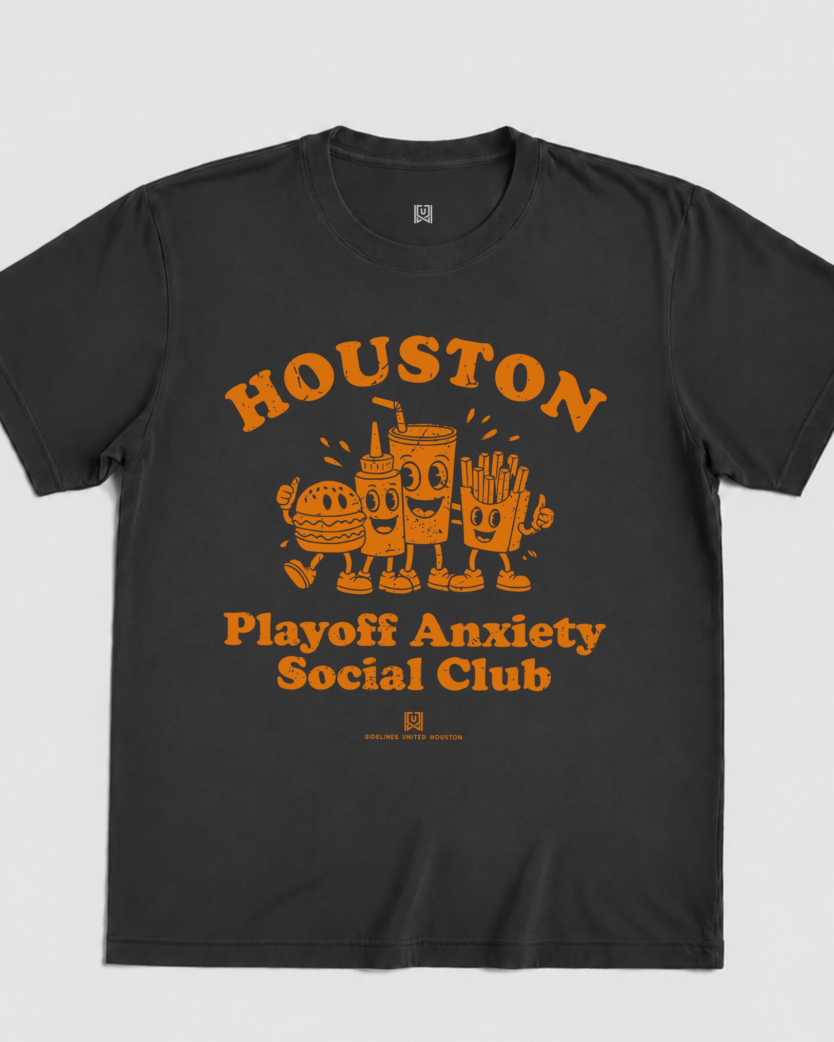 HOU Playoff Anxiety Friends Tee - Washed Black / Orange - Flatlay