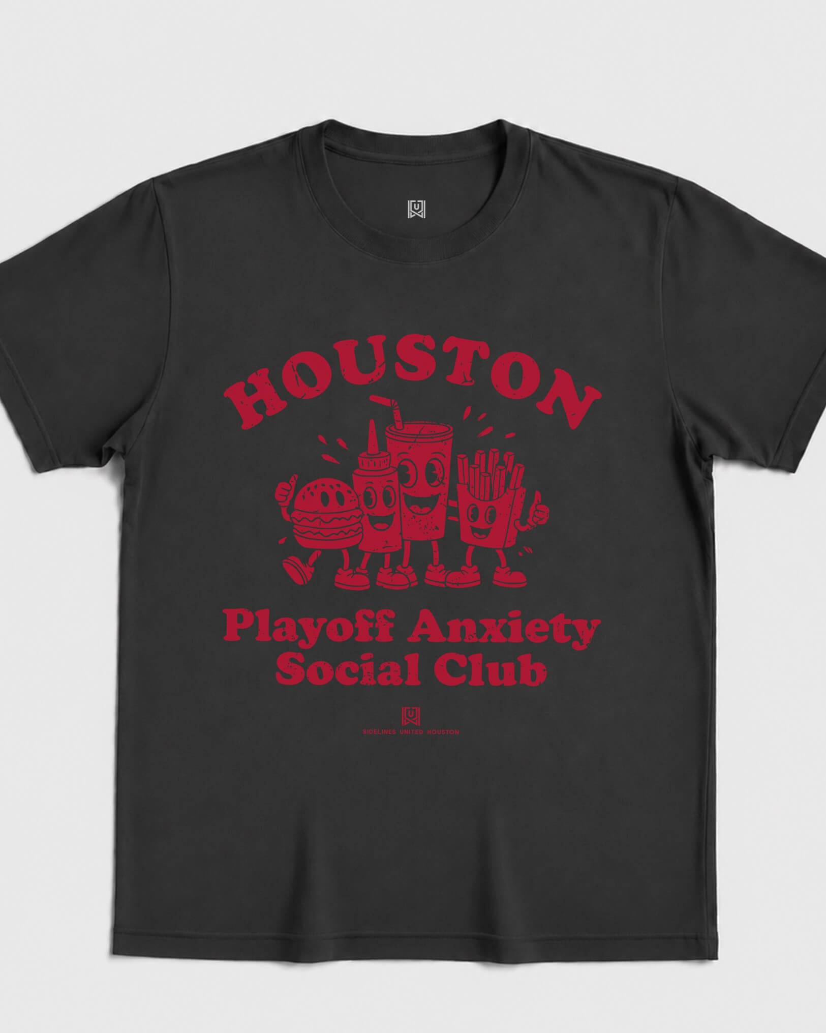 HOU Playoff Anxiety Friends Tee - Washed Black / Red - Flatlay