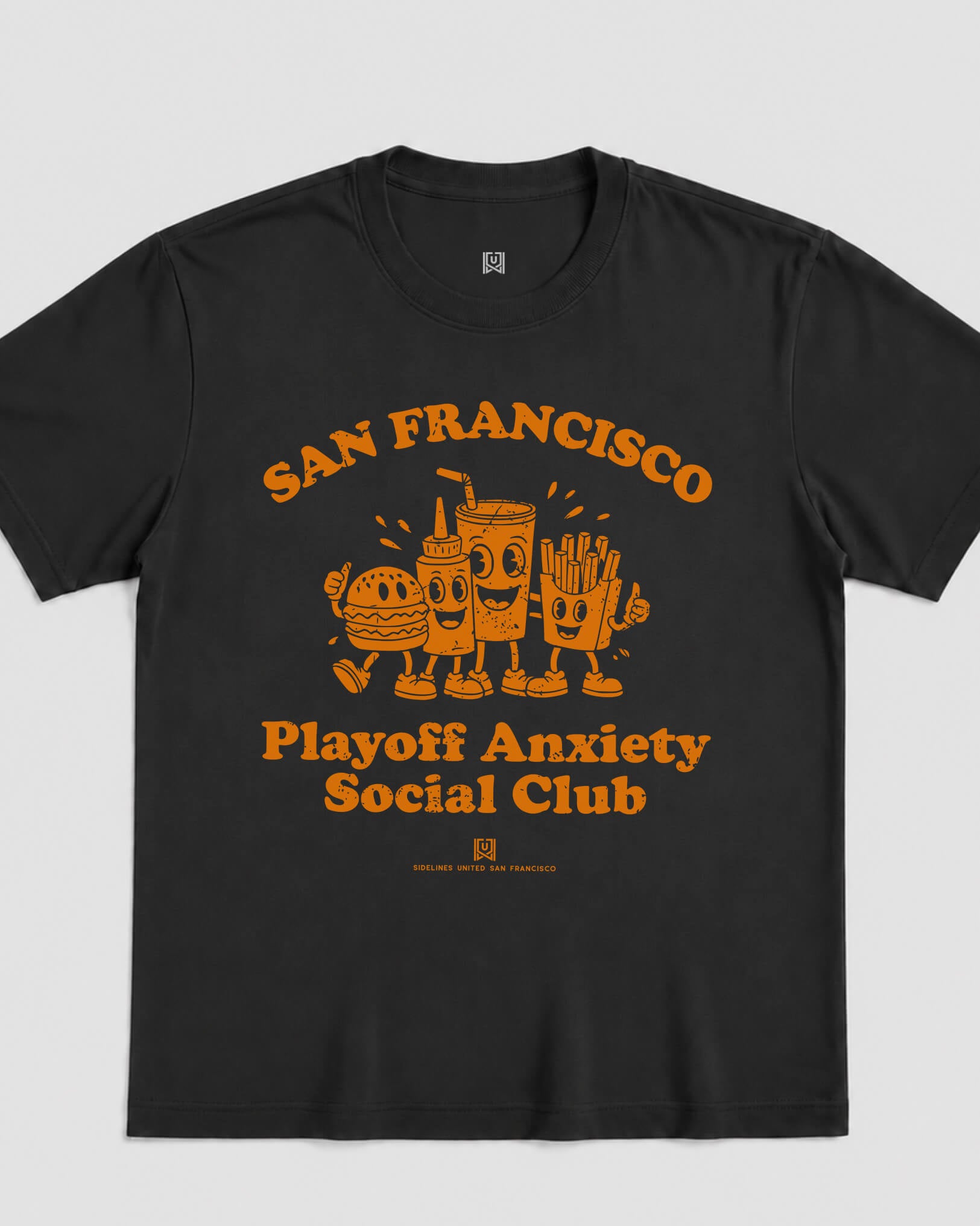 SF Playoff Anxiety Friends Tee - Washed Black / Orange - Flatlay