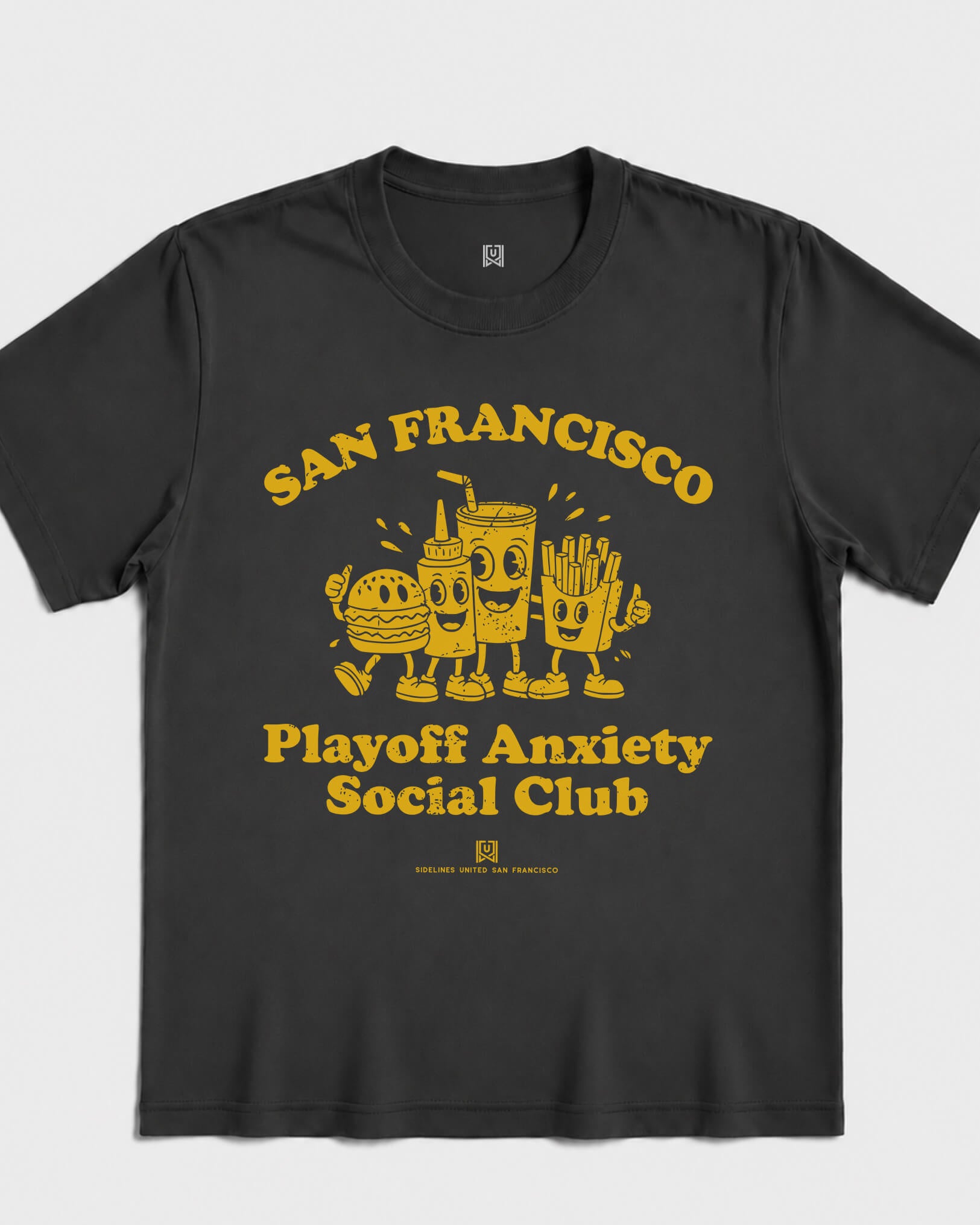 SF Playoff Anxiety Friends Tee - Washed Black / Gold - Flatlay