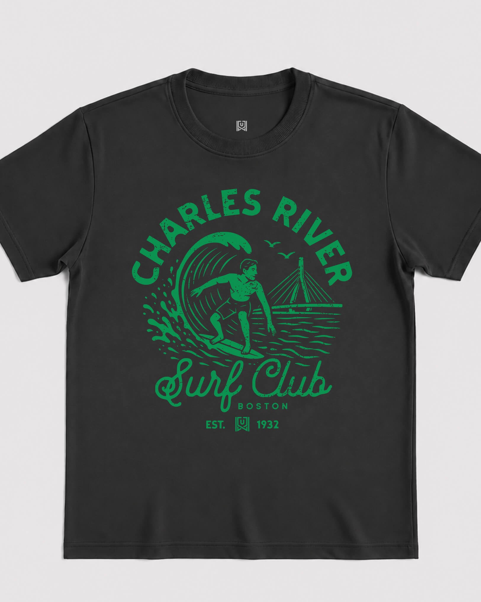 BOS Surf Club Tee - Washed Black / Green - Flatlay