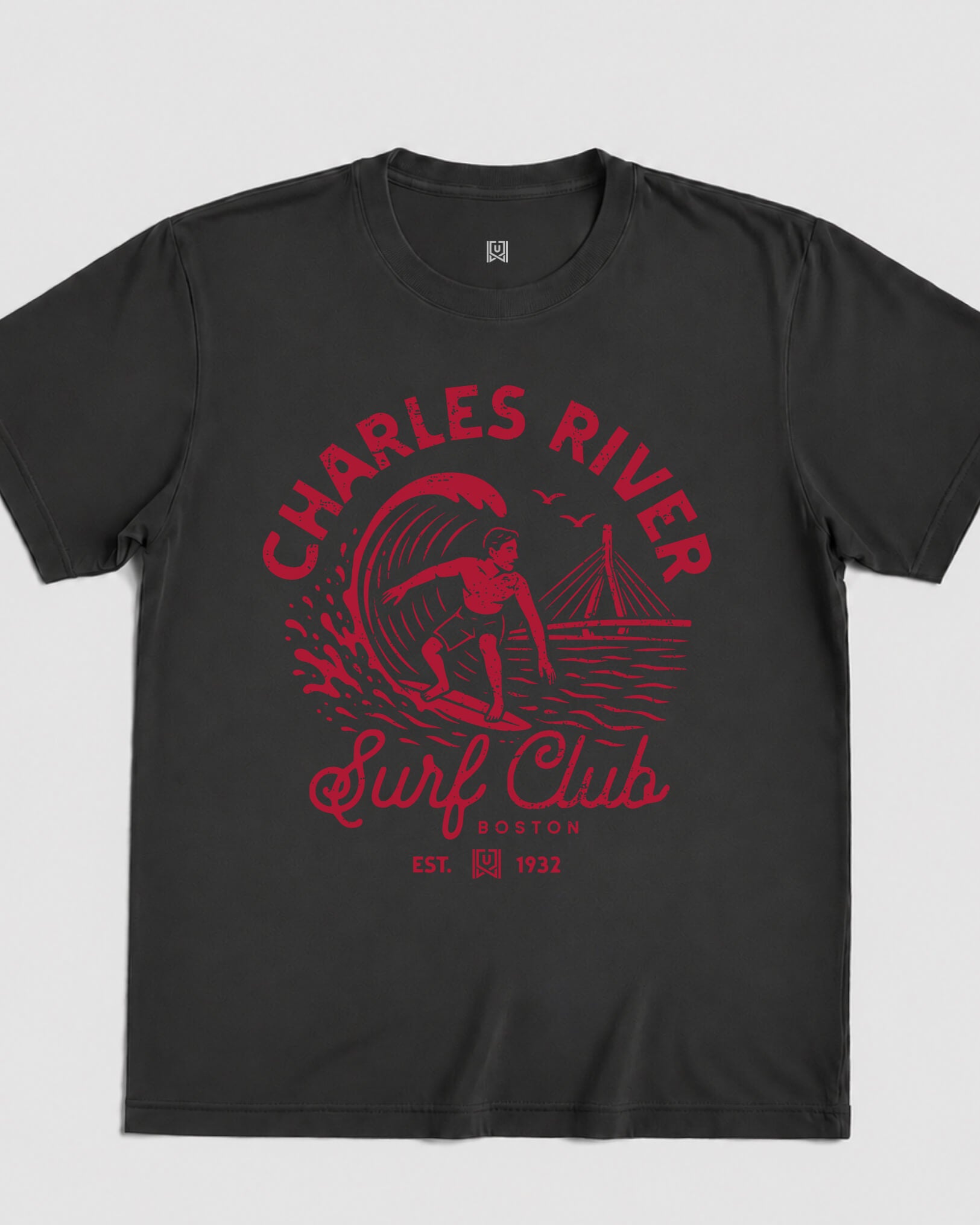 BOS Surf Club Tee - Washed Black / Red - Flatlay