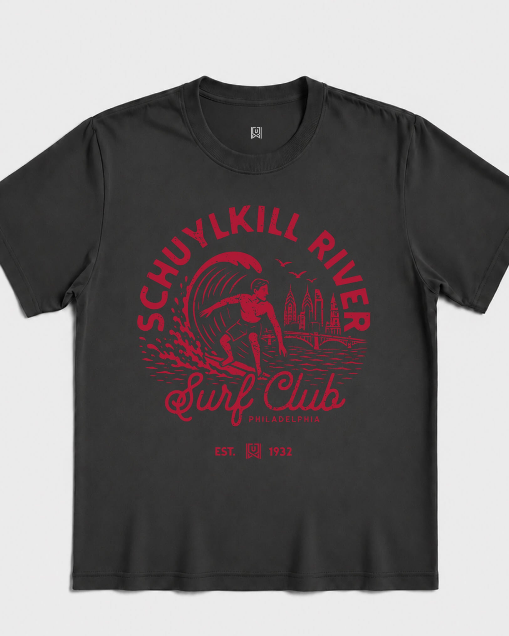 Philly Surf Club Tee - Washed Black / Red - Flatlay